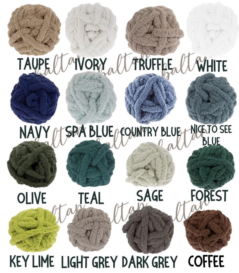 May include: A collection of chunky knit yarn balls in various colors, including taupe, ivory, truffle, white, navy, spa blue, country blue, nice to see blue, olive, teal, sage, forest, key lime, light grey, dark grey, and coffee. Each ball has a corresponding color name.