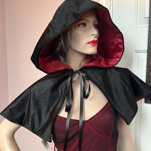 Black velvet shoulder length hooded cape ready to ship
