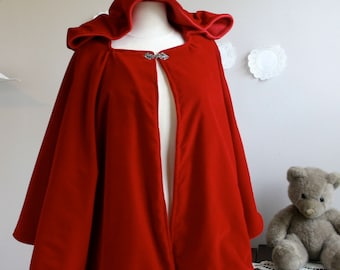 Hooded hip length cloak in velvet or wool red riding hood