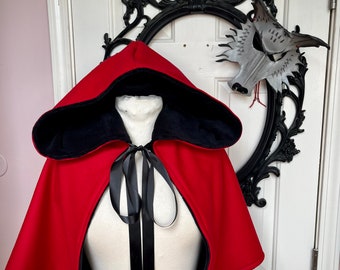 Red riding hood cape in wool or velvet handmade hooded cape