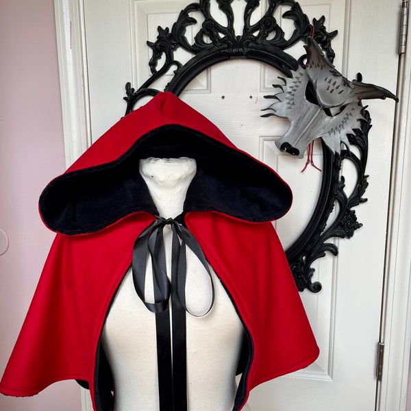 Red riding hood cape in wool or velvet handmade hooded cape