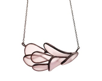 Upcycled frosted pink glass necklace with gunmetal chain (9179)