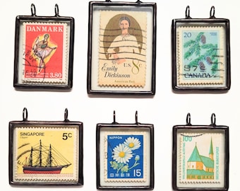 Vintage stamps - Soldered Glass pendant / brooch