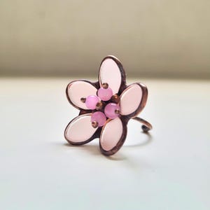 Pink flower Ring size adjustable- Upcycled glass bottle