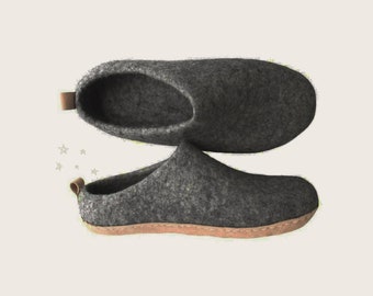 Wool slips on felt slippers - dark grey