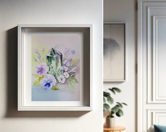 Fluorite + Flowers | Original Handmade Watercolor Painting Wall Art 5x7"