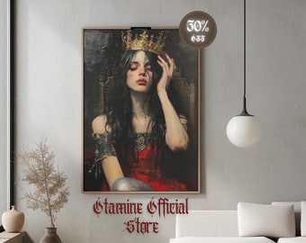 Royal Elegance Dark Academia Poster | Handcrafted Oil Painting Print | Medieval Queen Wall Art | Crowned Lady Portrait | Vintage Regal Decor