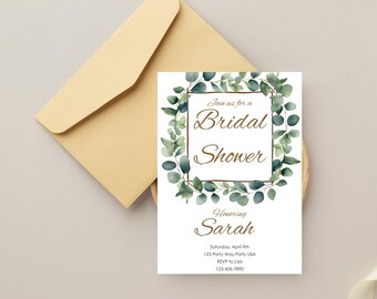 Simple Eucalyptus Bridal Shower Invitation- Greenery, Gold, Elegant