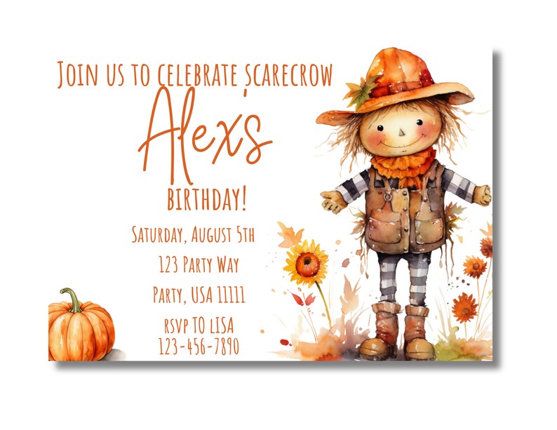 Join us to celebrate Scarecrow (name of person being celebrated) birthday!

Add your information

Pumpkin and scarecrow
Watercolor
Fall Harvest Party
Kid
Any Age, Any Gender