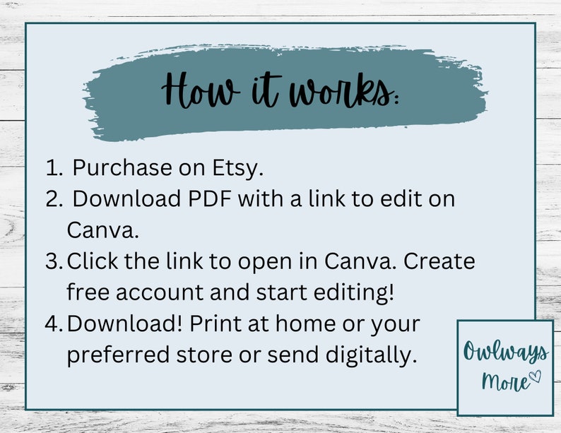 Purchase on Etsy.
 Download PDF with a link to edit on Canva.
Click the link to open in Canva. Create free account and start editing! 
Download! Print at home or your preferred store or send digitally.