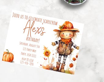 May include: A white invitation card with a watercolor illustration of a scarecrow with a pumpkin, sunflowers, and fall leaves. The text on the card reads "Join us to celebrate Scarecrow Alex's Birthday! Saturday, August 5th, 123 Party Way, Party, USA 11111, RSVP to Lisa 123-456-7890".