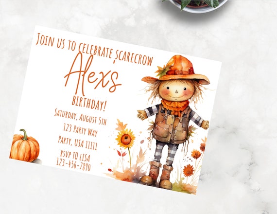 Fall Scarecrow Invitation Canva Birthday Template- Watercolor Pumpkin, Fall, Harvest Party, Any Age Birthday, Pumpkin Patch Party