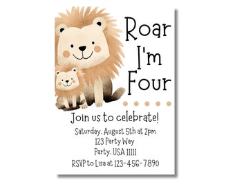 Roar I'm Four Canva Birthday Invite Template- Lion, 4th Birthday, Safari Invitation,