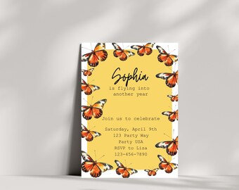 Butterfly Flying Into Another Year Invitation Template- Monarch, Orange, Birthday, Party Invitation, Any Age