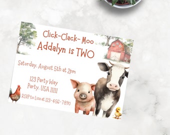 Click Clack Moo I'm TWO Canva Birthday Invite Template- Farm Animal, Cows, Pig, Duck, Farm, Two Years Old