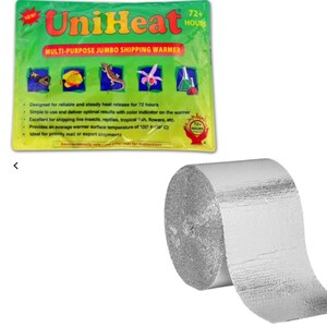 May include: A green and yellow UniHeat multi-purpose jumbo shipping warmer with the text "UniHeat" in red. The warmer is designed for reliable heat release for 72+ hours. A roll of silver insulation material is also shown.