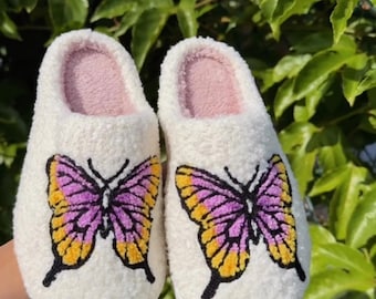 Butterfly Plush Slippers: Fuzzy Indoor Footwear, Non-Slip Sole