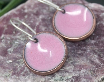 Rosewater penny earrings, pink enamel lucky penny jewelry, Unique Boho Gift, Penny from Heaven, Eco Conscious for Mom, Copper Anniversary