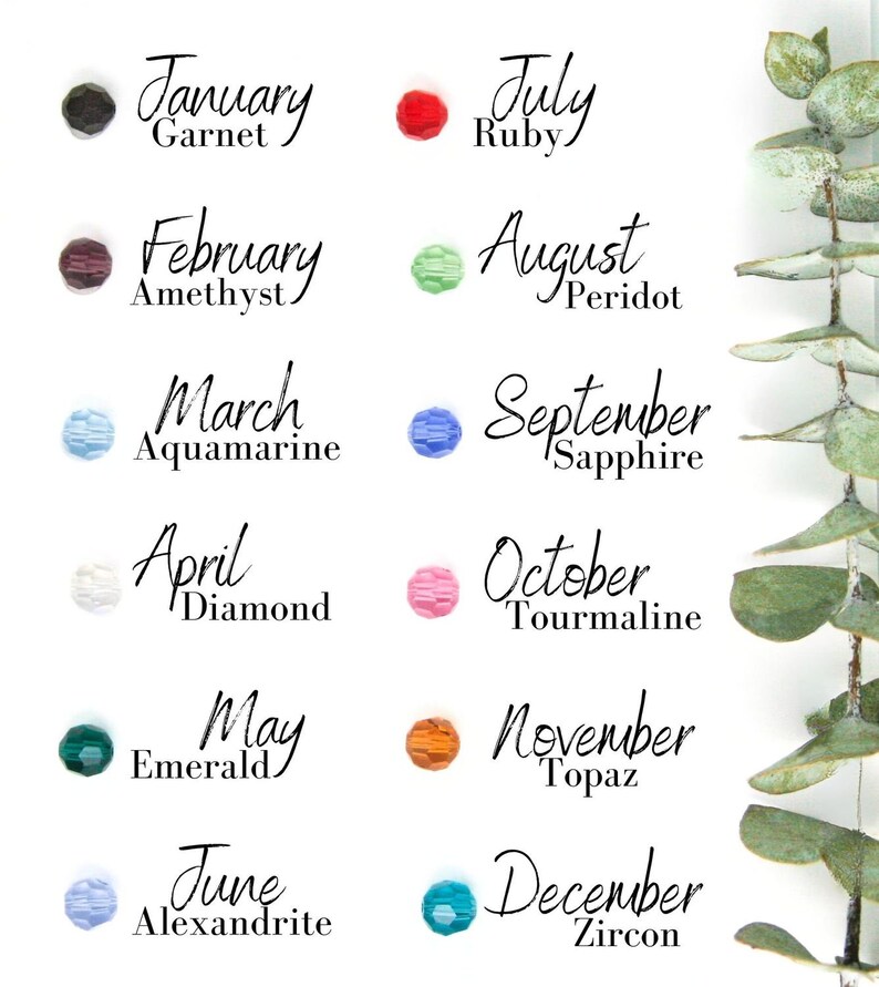 May include: A chart of birthstones for each month of the year. The chart features a small, colorful gemstone for each month, along with the name of the month and the birthstone. January: Garnet, February: Amethyst, March: Aquamarine, April: Diamond, May: Emerald, June: Alexandrite, July: Ruby, August: Peridot, September: Sapphire, October: Tourmaline, November: Topaz, December: Zircon.