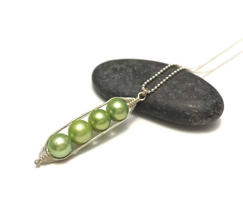 Pea pod necklace // Four peas in a pod with green freshwater Etsy