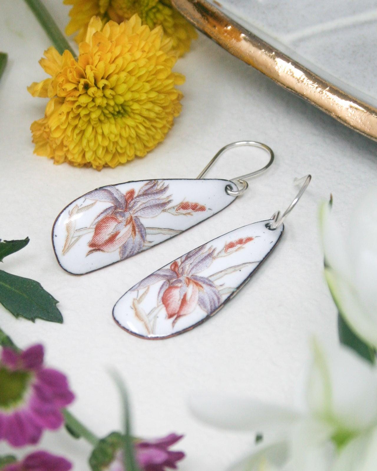 Iris Flower, Flower Earrings, February Birth, Purple Floral Teardrop Jewelry, Lightweight Handmade Gift, Sterling Silver Enamel