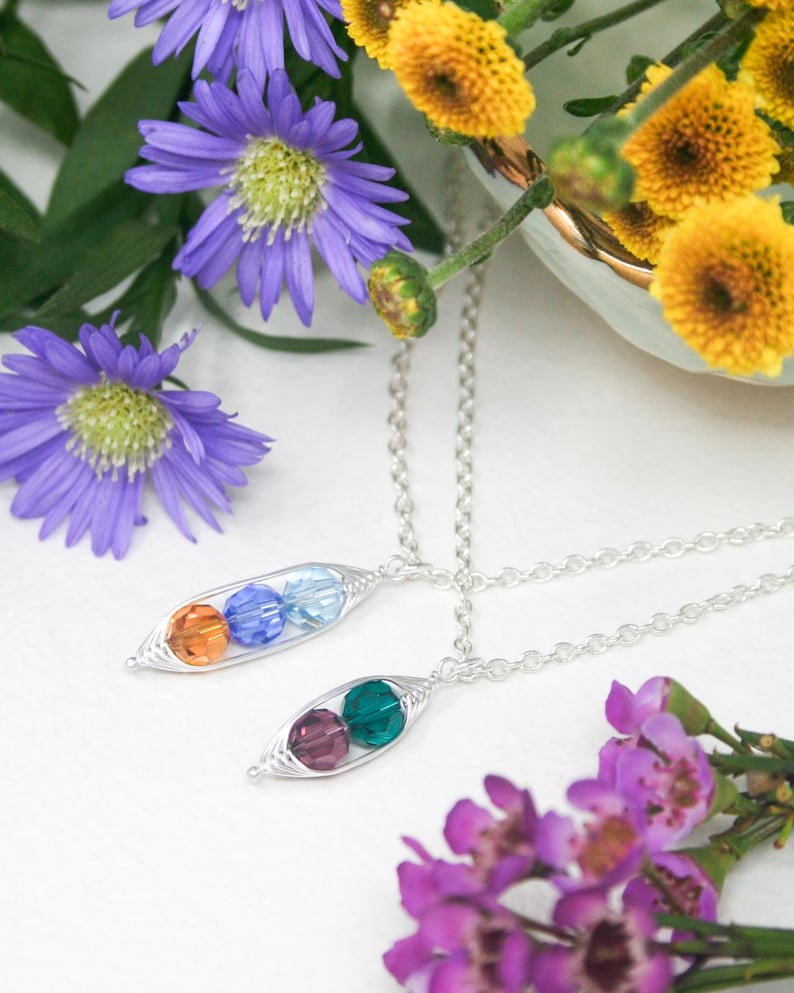 Birthstone Pea Pod, Pea Pod Necklace, Custom Birthstone, Personalized Pendant, Meaningful Gift for New Moms, Sisters, Twins image 1