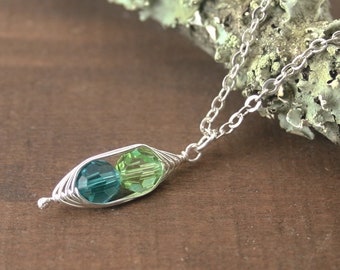 Birthstone pea pod necklace.  gift for her new mom twin triplet grandma sister birthday mother daughter day peapod valentine two pea jewelry