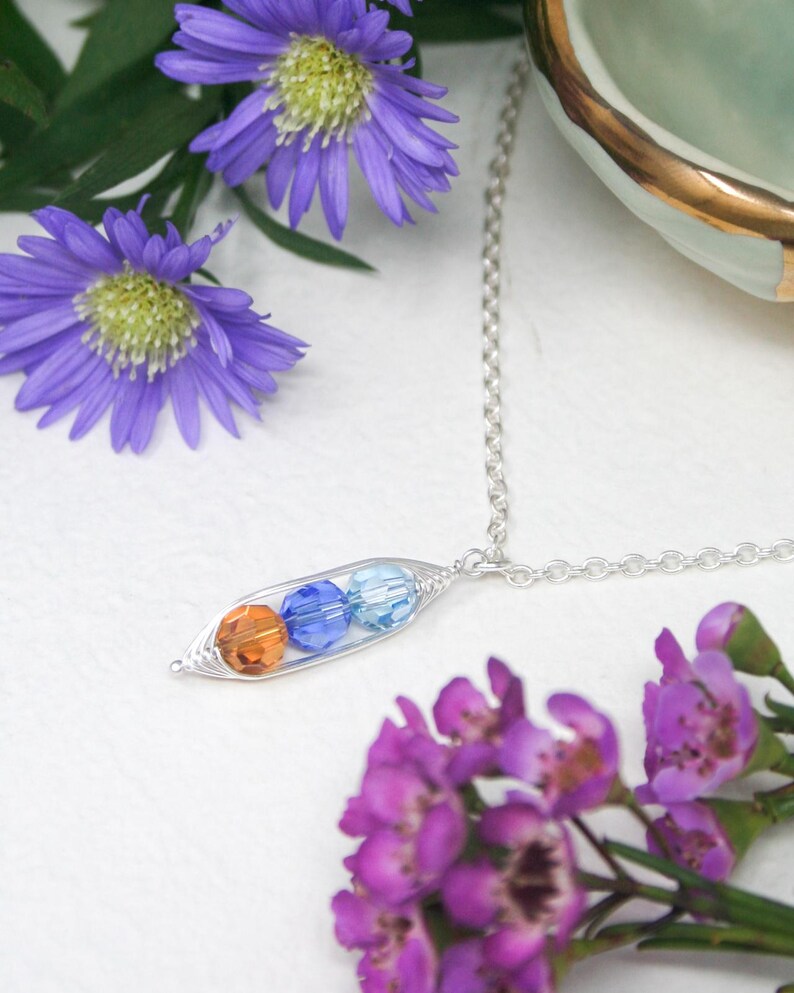 Birthstone Pea Pod, Pea Pod Necklace, Custom Birthstone, Personalized Pendant, Meaningful Gift for New Moms, Sisters, Twins image 2