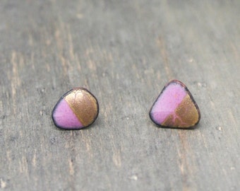 Gold kissed Orchid Bitty Minimalist Enameled Studs: Handmade Colorful Bright Earrings, Gift, Eco Friendly Artisan Jewelry, Gift for Wife