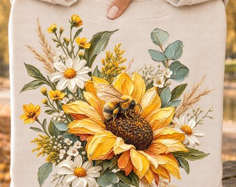 Sunflower Bee PNG, Bumble Bee Floral Design, Wildflower PNG, Rustic Sunflower Bouquet, Cottagecore Flowers, Fall Floral Design, Autumn PNG