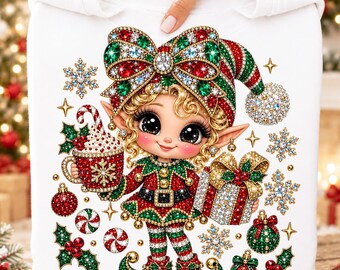 Christmas Elf PNG, Rhinestone Christmas Design, Cute Holiday Elf Sublimation, Bling Christmas PNG, Jeweled Bow, Sparkly Festive Xmas Clipart