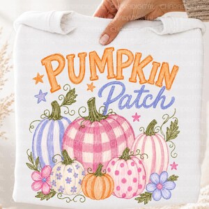May include: A white sweatshirt featuring the text PUMPKIN Patch in orange and blue. The design includes five pumpkins with various patterns including stripes, gingham, and polka dots, accented by small stars and colorful flowers.