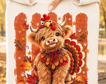 Thanksgiving Highland Cow PNG, Cute Turkey Cow Png, Fall Animal Sublimation, Autumn Brushstroke Png, Turkey Costume, Maple Leaf Fall Design