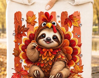 Thanksgiving Sloth PNG, Cute Turkey Sloth Png, Fall Animal Sublimation, Autumn Brushstroke Png, Turkey Costume, Maple Leaf Fall Design