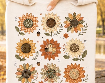 Fall Sunflower PNG, Patchwork Sunflower Png, Plaid Floral Autumn Sublimation, Rustic Fall Flower Design, Boho Autumn Shirt PNG, Floral PNG