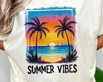 Summer Vibes png, retro strandsublimatieontwerp voor shirt, tropische zonsondergang png, palmboomsublimatie digitale download