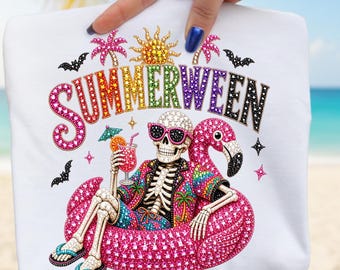PNG de Summerween, PNG de Flamingo Esqueleto com Strass, Design de Sublimação de Verão para Praia de Halloween, PNG de Camiseta Tropical Assustadora