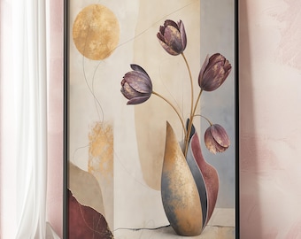 Abstract Tulip Wall Art, Floral Vase Print, Neutral Botanical Poster, Burgundy Flower Art, Modern Floral Printable, Contemporary Wall Decor