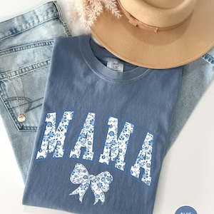 Comfort Colors® Mama Shirt, Blue Bow Shirt, Blue Ribbon Shirt, Mothers Day Gift, Chinoiserie Shirt, Toile Coquette Shirt, Bow Shirt