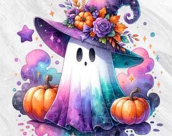 Iridescent Halloween Ghost PNG, Watercolor Witch Ghost PNG, Pastel Halloween Ghost with Pumpkins PNG, Pastel Halloween Sublimation Png