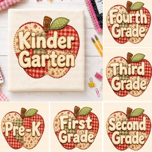 May include: A collection of apple-shaped fabric appliqués featuring patchwork patterns in red, green, and cream. Each apple displays grade levels in raised, cream-coloured lettering, including Kindergarten, Pre-K, First Grade, Second Grade, Third Grade, and Fourth Grade.