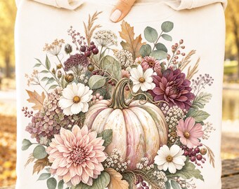 Floral Pumpkin PNG, Fall Flowers PNG, White Pumpkin Autumn Design, Vintage Botanical Fall Graphic, Feminine Pumpkin Shirt, Fall Floral PNG