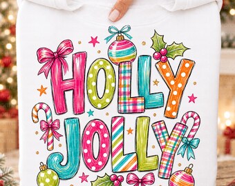 Holly Jolly Christmas PNG, Colorful Christmas Png, Preppy Holiday Sublimation Design, Candy Cane Bow Png, Festive Xmas Shirt Design,Xmas Art