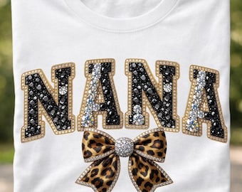 Nana con diamantes de imitación PNG, diseño de camiseta de Nana con brillo, descarga digital de Nana con brillo, Nana con lazo de leopardo PNG, camiseta de abuela glamurosa DTF sublimada