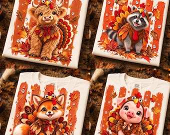Thanksgiving Animal PNG Bundle, Cute Turkey Costume PNG Set, Highland Cow Fox Raccoon Pig, Fall Brushstroke PNG, Autumn Animal Design