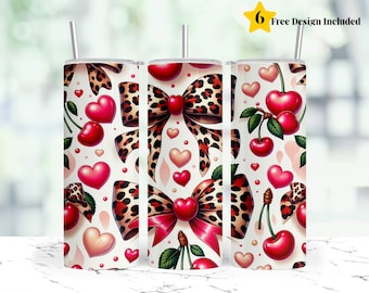 Envoltura para vaso de cereza y guepardo, diseño de sublimación para vaso delgado Coquette de 20 oz con estampado de leopardo, descarga digital PNG de Coquette Cherry