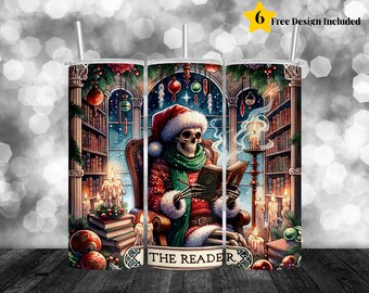 Christmas Skeleton Tumbler Wrap PNG, Gothic Holiday 20oz Skinny Tumbler Sublimation, Dark Academia Skeleton Reader Winter Design