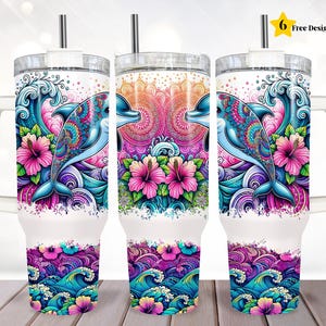 Tumbler Wrap da 40 once con motivo a delfino, modello per sublimazione Ocean da 40 once, Tumbler Wrap da 40 once con motivo floreale tropicale estivo da spiaggia, Tumbler PNG da 40 once