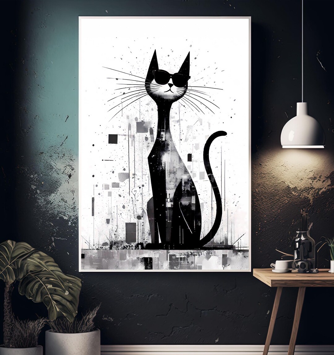Modern Abstract Cat Wall Art, Black and White Graphic Animal Art ...