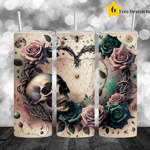 Skull Roses Hearts Tumbler Wrap, Gothic Skull 20 oz Skinny Straight Sublimation Tumbler Design, Spooky Skeleton PNG Digital Download